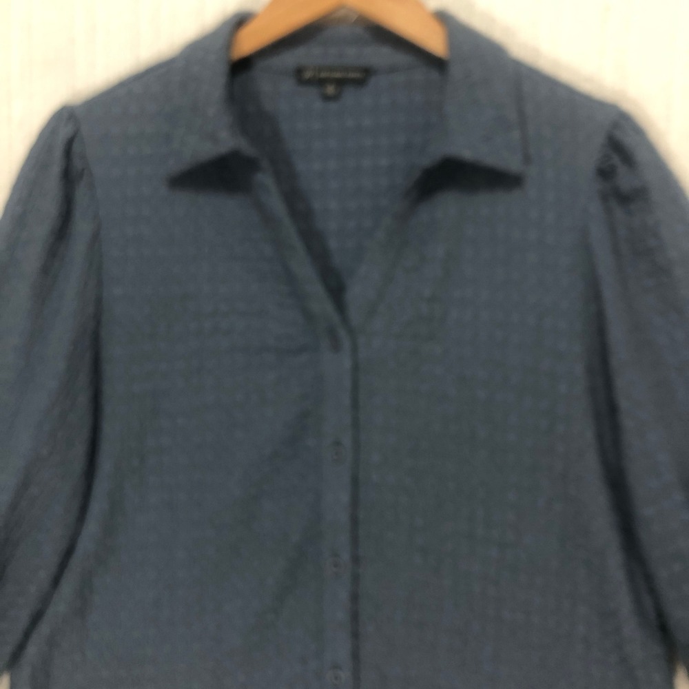 Adrianna Papell‎ Blue Textured Puff Sleeve Button Up Blouse AD1S302216 Medium